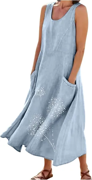 Summer Dresses for Women's 2025 Casual Cotton Linen Crewneck Sleeveless Sundress with Pocket Plus Size Boho Long Dress