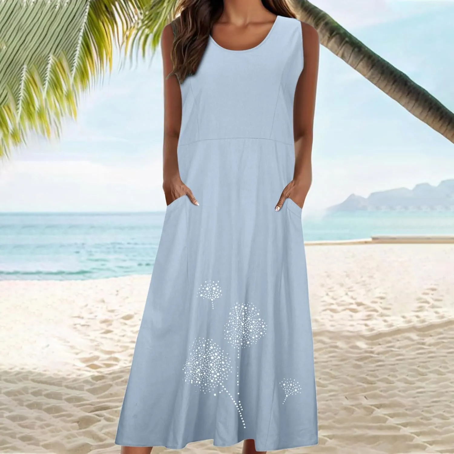 Summer Dresses for Women's 2025 Casual Cotton Linen Crewneck Sleeveless Sundress with Pocket Plus Size Boho Long Dress