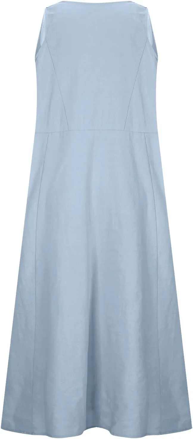 Summer Dresses for Women's 2025 Casual Cotton Linen Crewneck Sleeveless Sundress with Pocket Plus Size Boho Long Dress