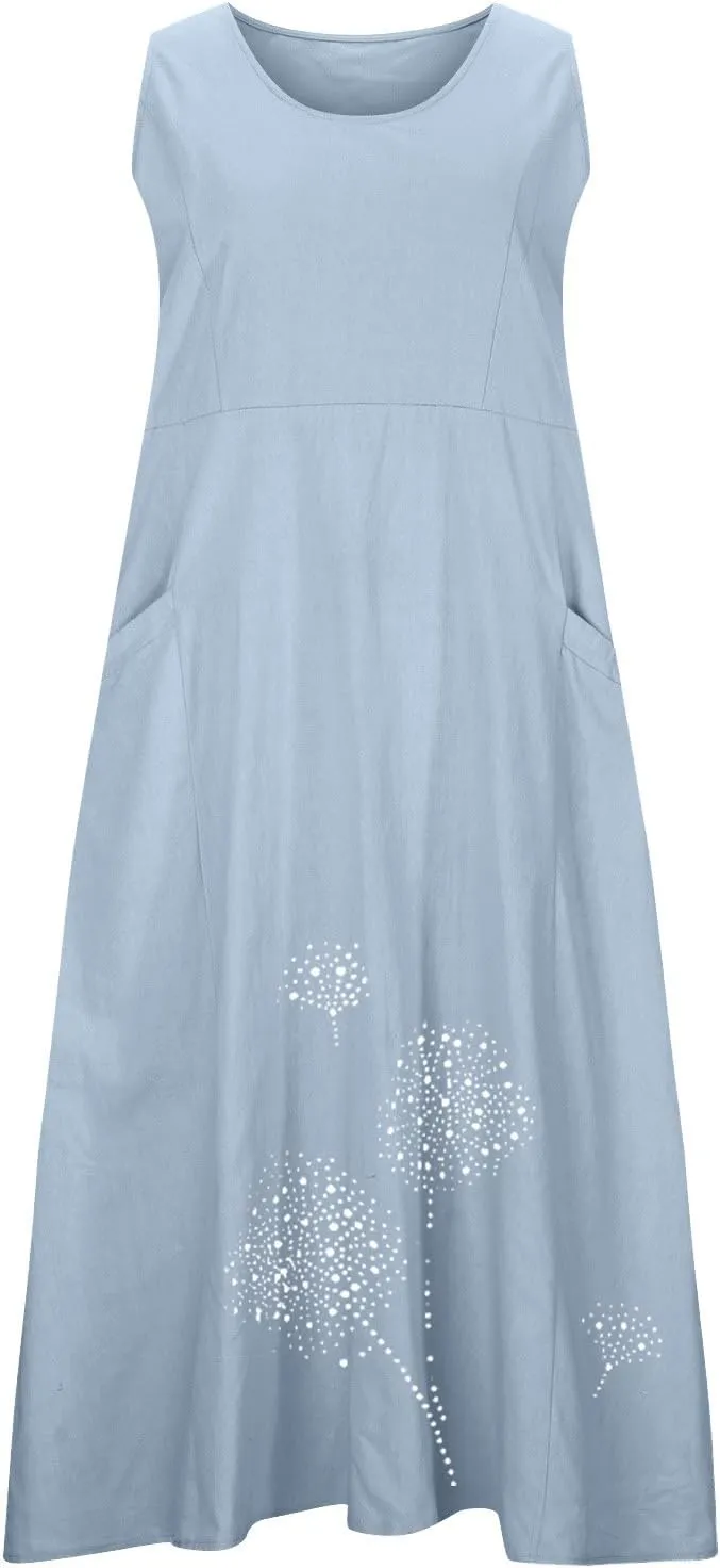 Summer Dresses for Women's 2025 Casual Cotton Linen Crewneck Sleeveless Sundress with Pocket Plus Size Boho Long Dress