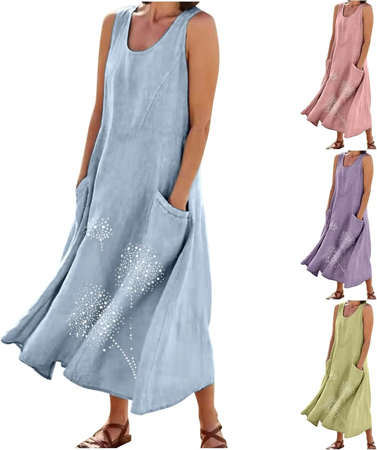 Summer Dresses for Women's 2025 Casual Cotton Linen Crewneck Sleeveless Sundress with Pocket Plus Size Boho Long Dress