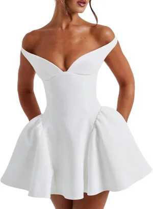 Summer Easter Dresses for Women 2025 Off The Shoulder Mini V A-line Ruffle Slim Fit Short Party Gown Dresses