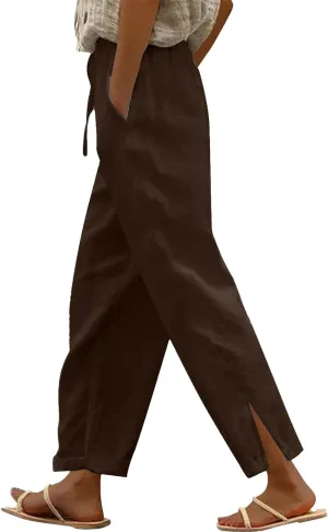 Summer Linen Pants for Women Lightweight Comfy Baggy Straight Leg Trousers Dressy Palazzo Lounge Pants with Pockets