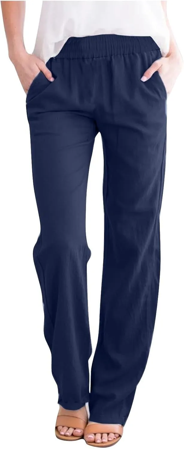 Summer Linen Sets for Women Outfits 2025 Vacation High Waist Yoga Pants with Pockets Going Out Solid Casual Slim Joggers