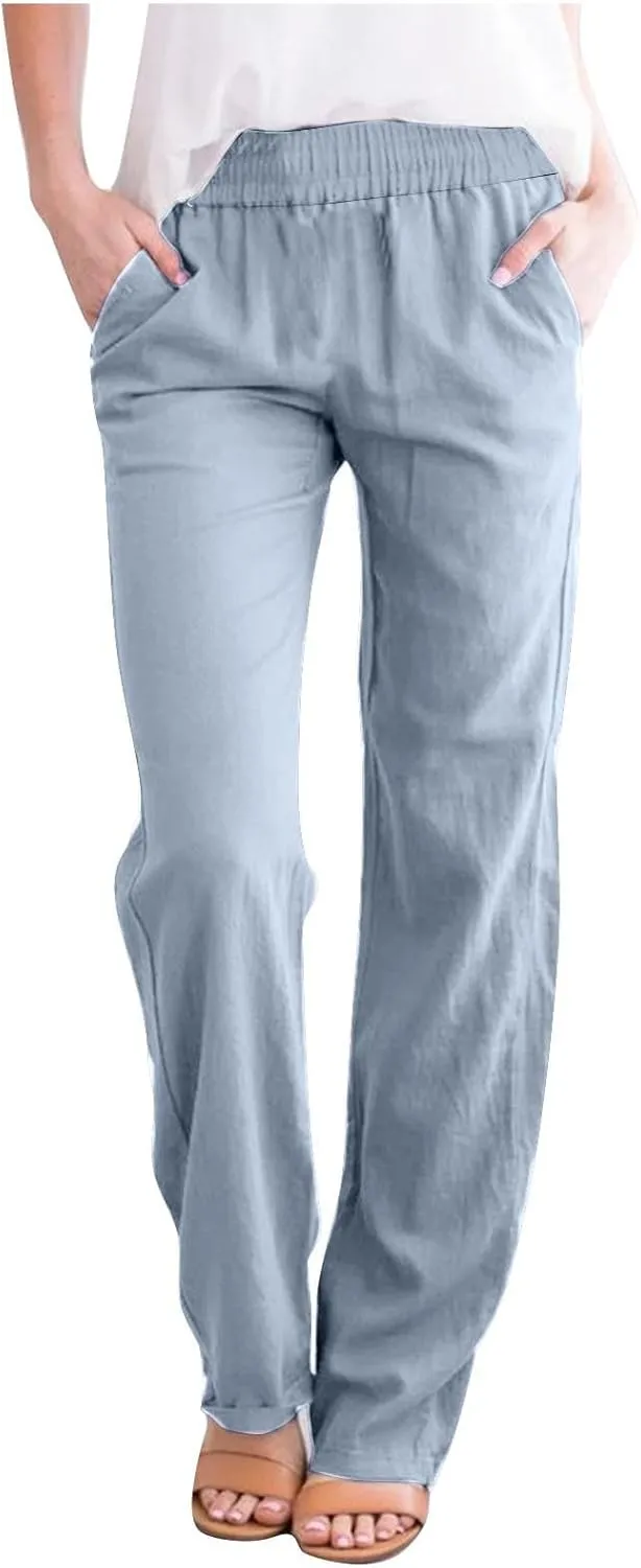 Summer Linen Sets for Women Outfits 2025 Vacation High Waist Yoga Pants with Pockets Going Out Solid Casual Slim Joggers