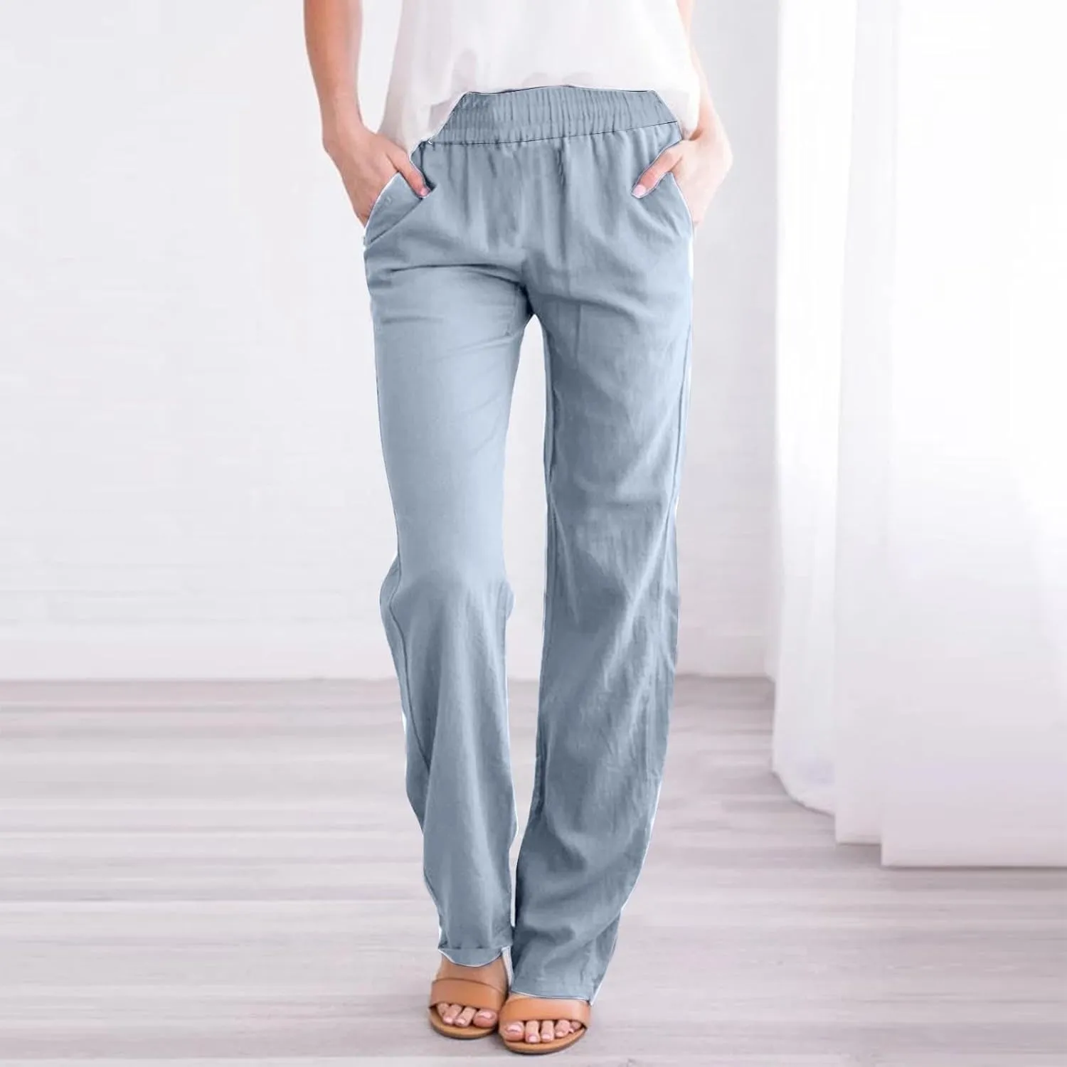 Summer Linen Sets for Women Outfits 2025 Vacation High Waist Yoga Pants with Pockets Going Out Solid Casual Slim Joggers
