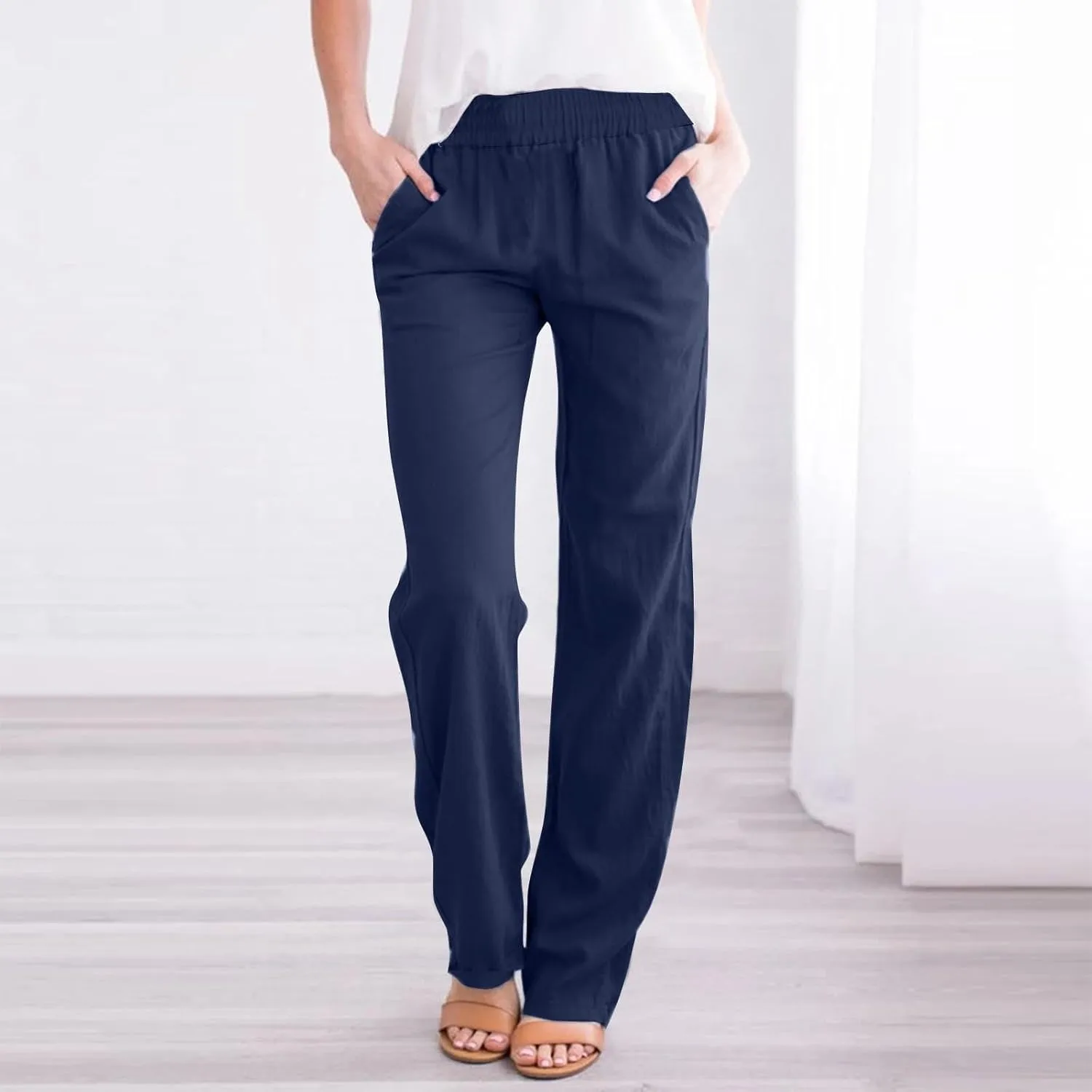 Summer Linen Sets for Women Outfits 2025 Vacation High Waist Yoga Pants with Pockets Going Out Solid Casual Slim Joggers