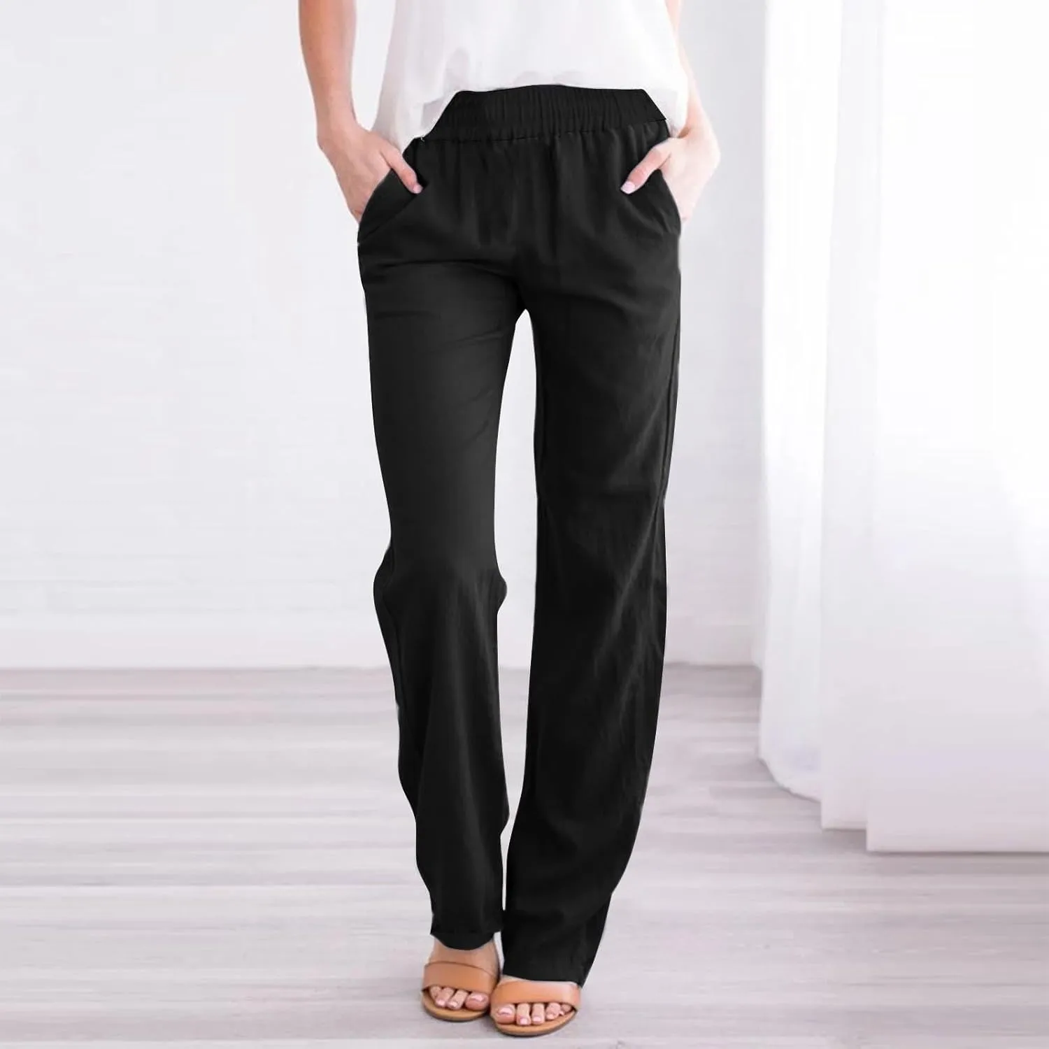 Summer Linen Sets for Women Outfits 2025 Vacation High Waist Yoga Pants with Pockets Going Out Solid Casual Slim Joggers