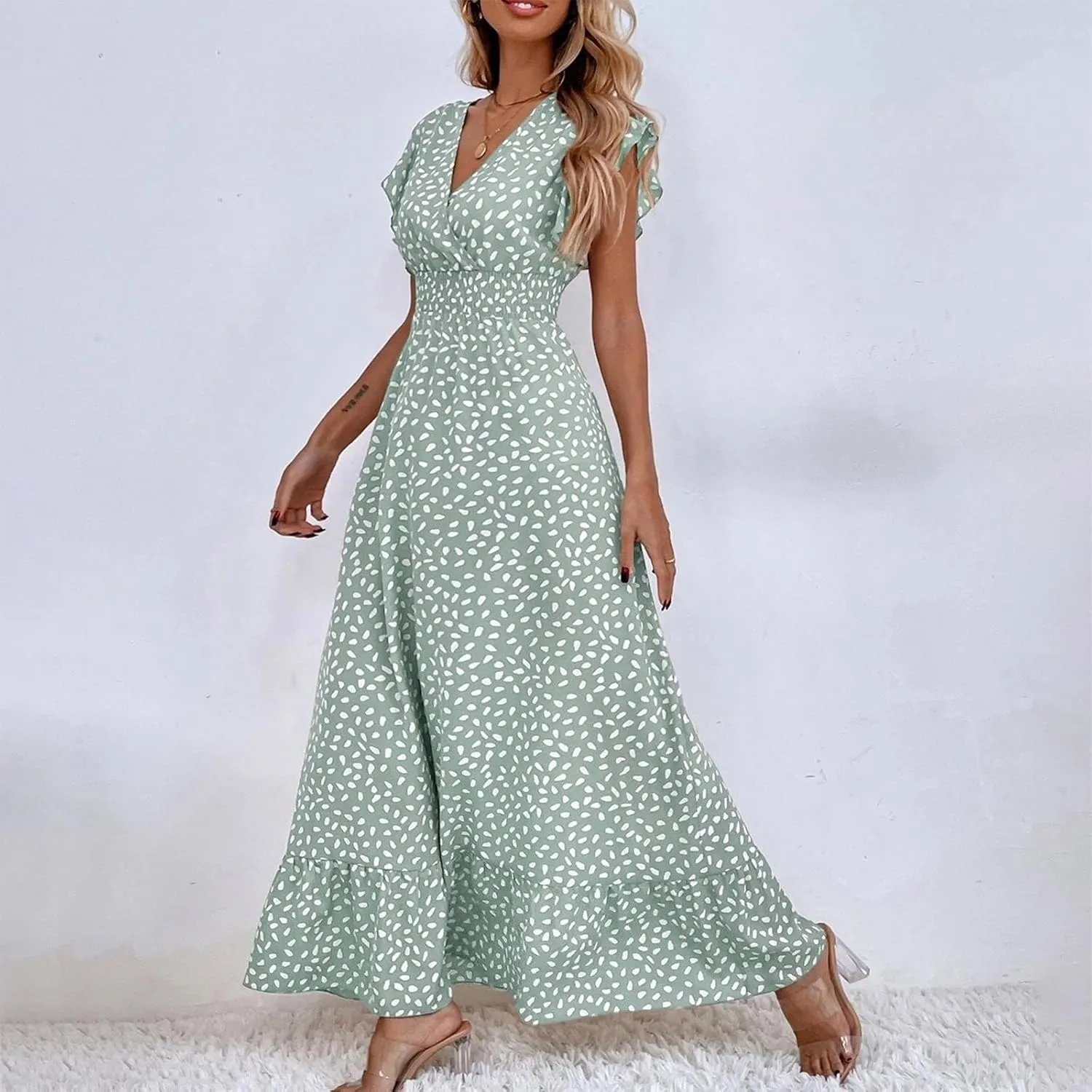 Summer Maxi Dresses for Women 2025 Floral Chiffon Dresses Ruffle Cap Sleeve V Neck Empire Waist Beach Vacation Dress