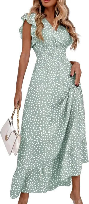 Summer Maxi Dresses for Women 2025 Floral Chiffon Dresses Ruffle Cap Sleeve V Neck Empire Waist Beach Vacation Dress