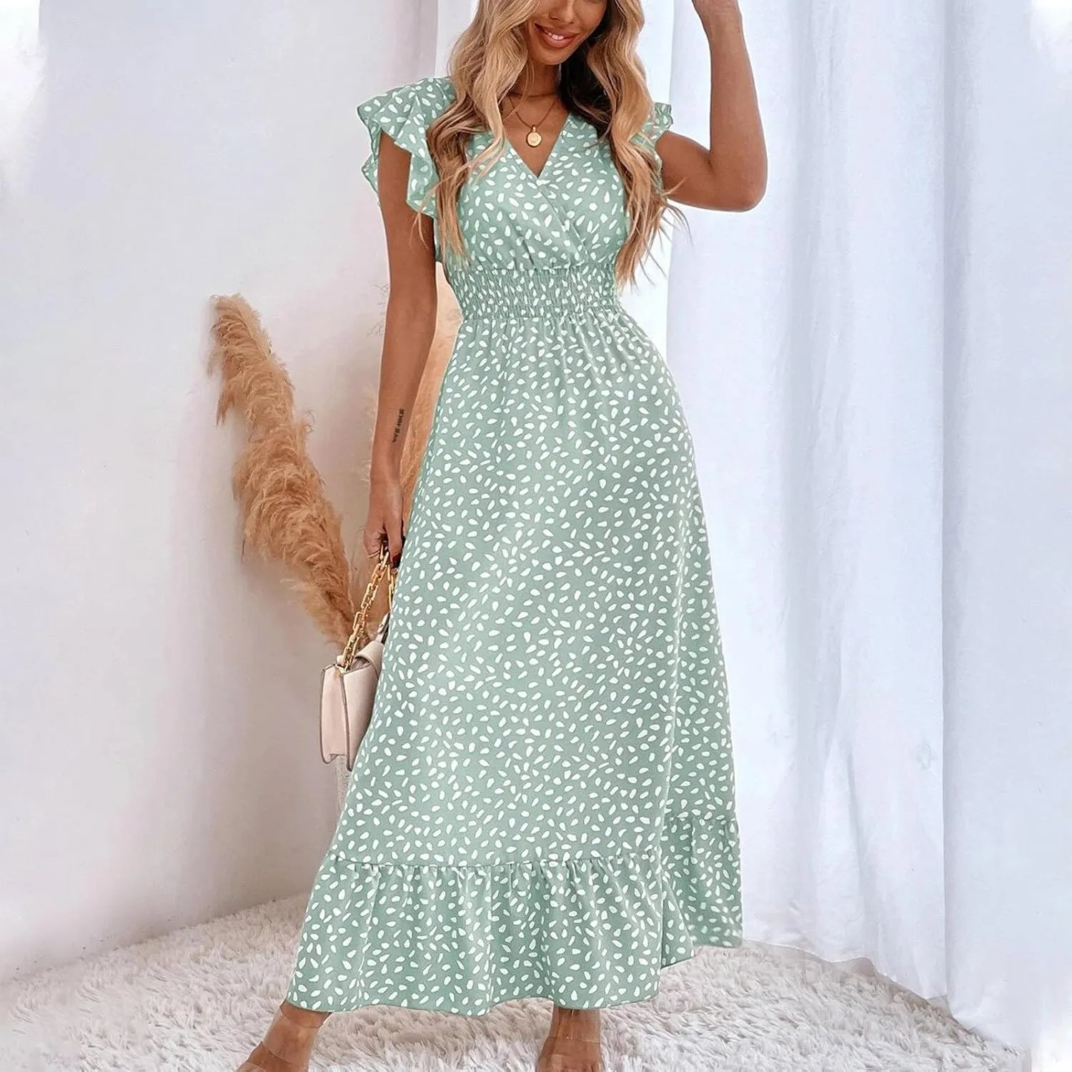 Summer Maxi Dresses for Women 2025 Floral Chiffon Dresses Ruffle Cap Sleeve V Neck Empire Waist Beach Vacation Dress
