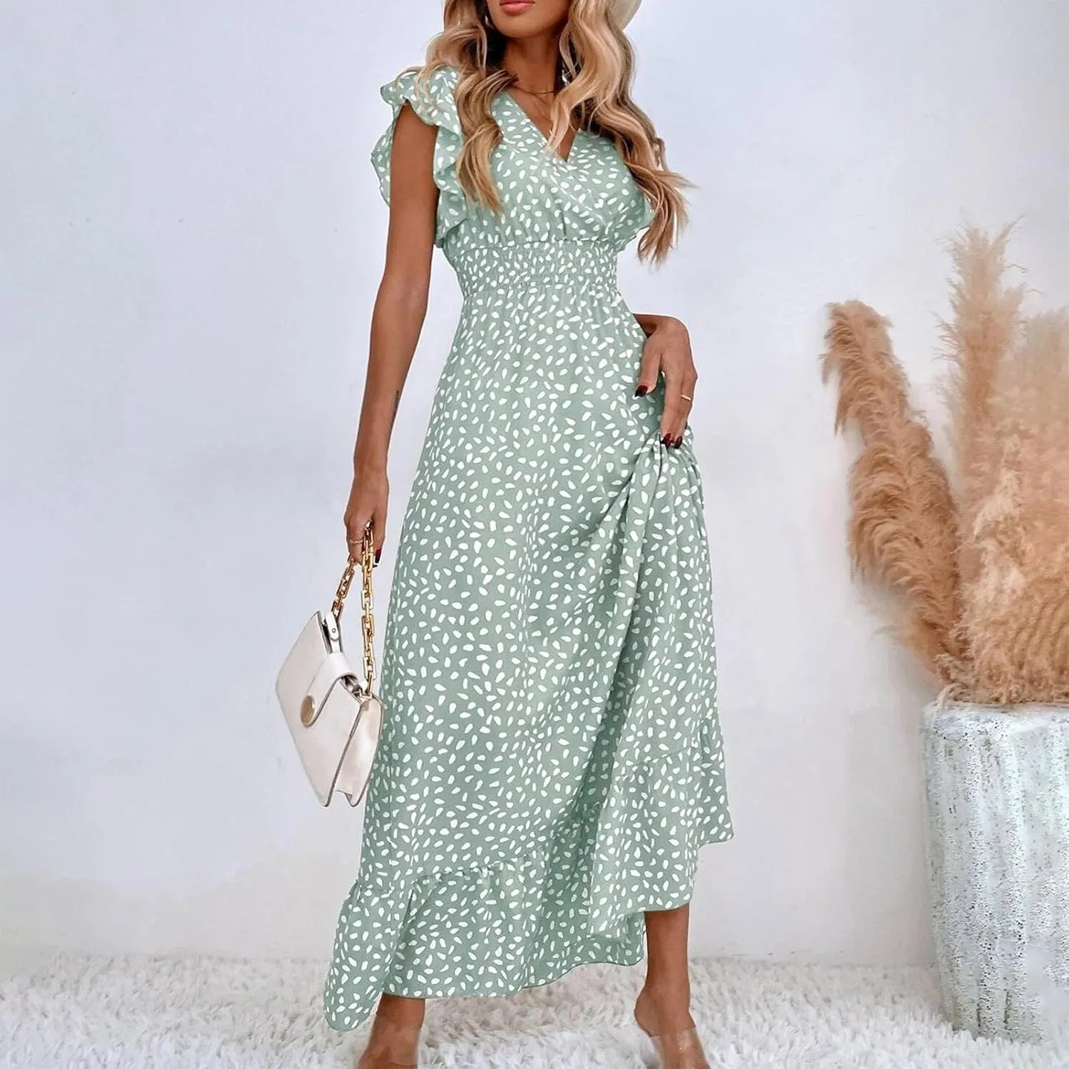 Summer Maxi Dresses for Women 2025 Floral Chiffon Dresses Ruffle Cap Sleeve V Neck Empire Waist Beach Vacation Dress