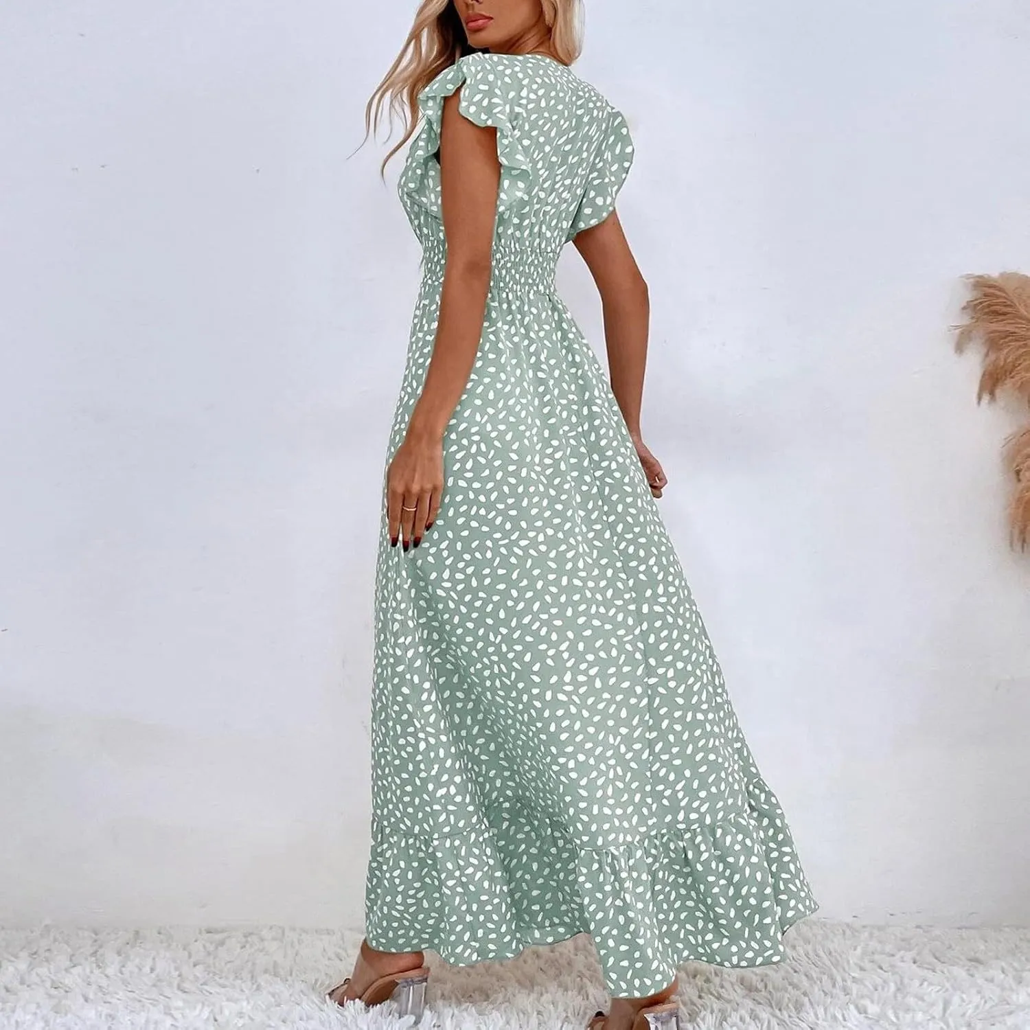 Summer Maxi Dresses for Women 2025 Floral Chiffon Dresses Ruffle Cap Sleeve V Neck Empire Waist Beach Vacation Dress