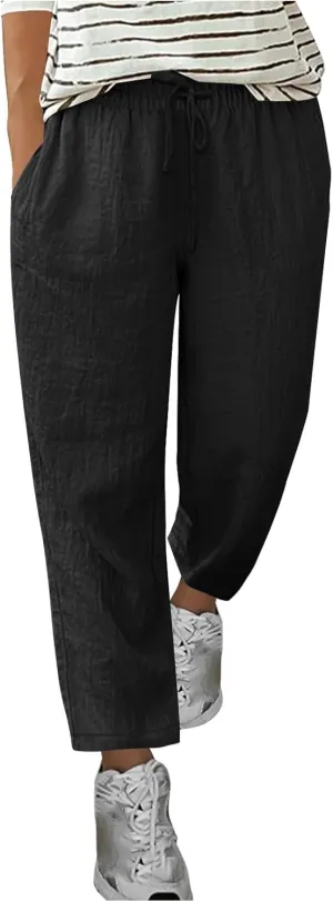 Summer Pants for Women Lace-Up Elastic High Waist Cotton Linen Trouser Casual Loose Fit Straight Leg Capri Pants