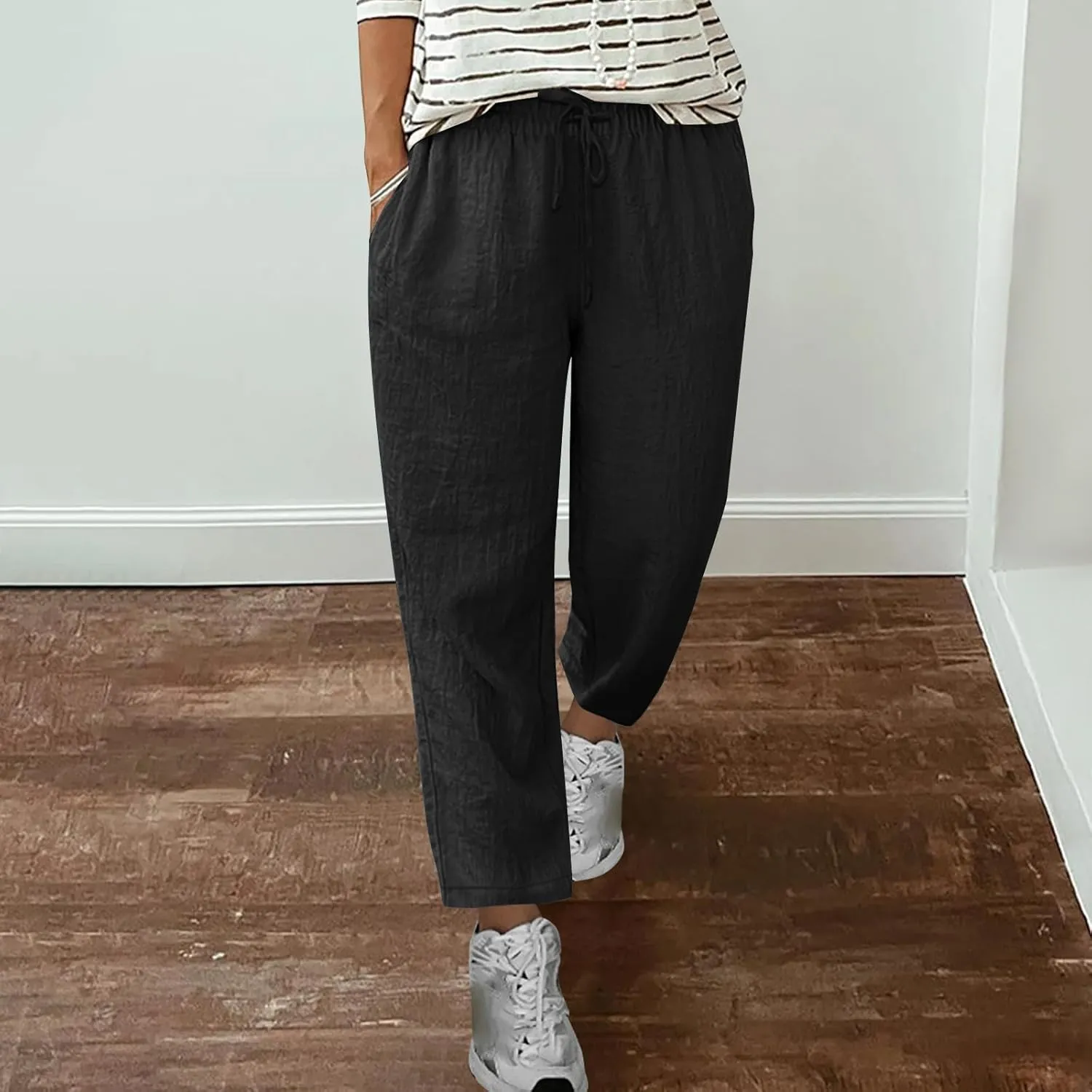Summer Pants for Women Lace-Up Elastic High Waist Cotton Linen Trouser Casual Loose Fit Straight Leg Capri Pants