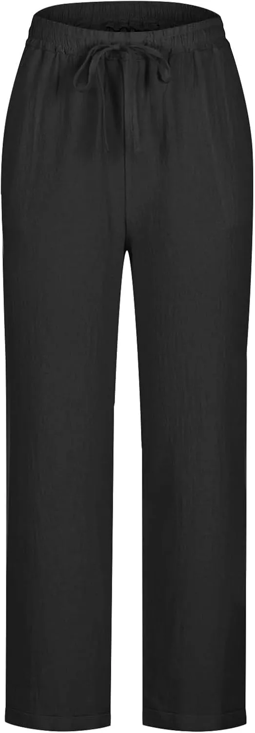 Summer Pants for Women Lace-Up Elastic High Waist Cotton Linen Trouser Casual Loose Fit Straight Leg Capri Pants