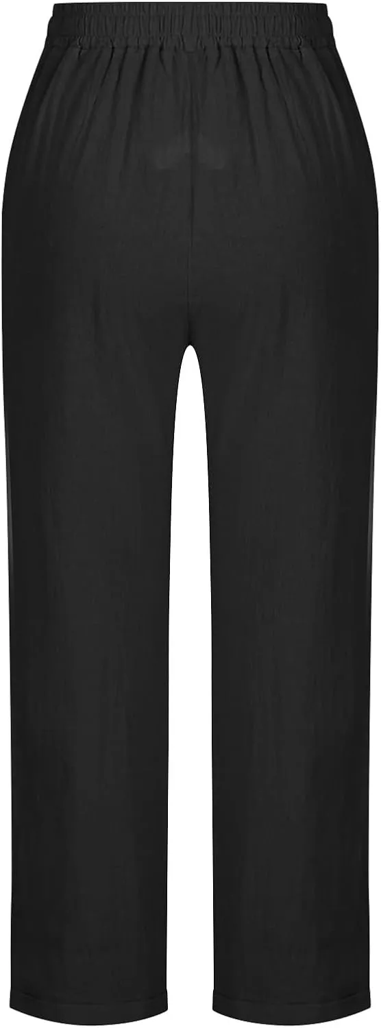 Summer Pants for Women Lace-Up Elastic High Waist Cotton Linen Trouser Casual Loose Fit Straight Leg Capri Pants