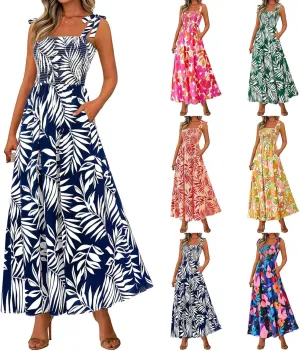 Summer Sun Dresses for Women 2025 Tie Shoulder Floral Maxi Dress A Line Ruffle Smocked Empire Waist Dress with Pocket
