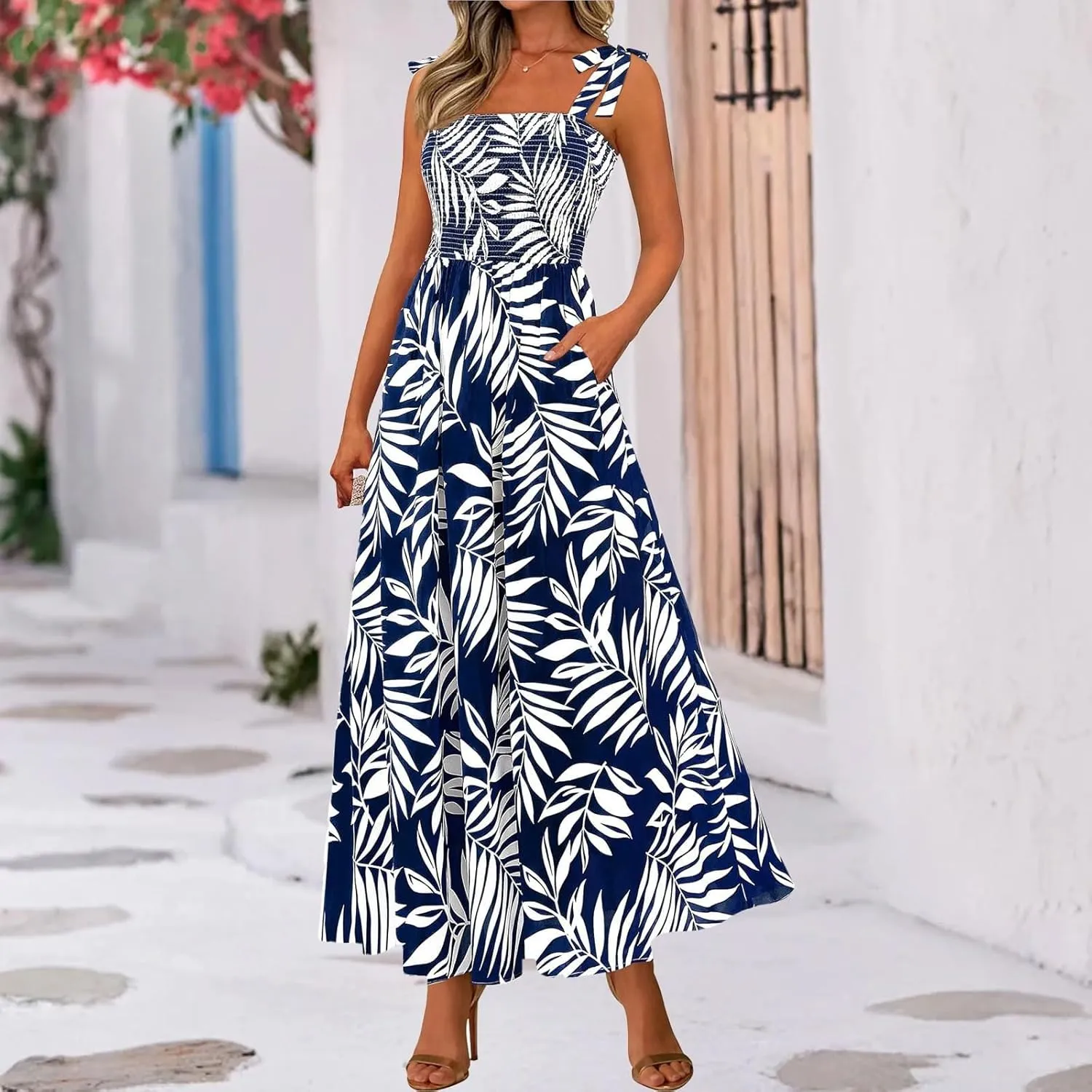 Summer Sun Dresses for Women 2025 Tie Shoulder Floral Maxi Dress A Line Ruffle Smocked Empire Waist Dress with Pocket