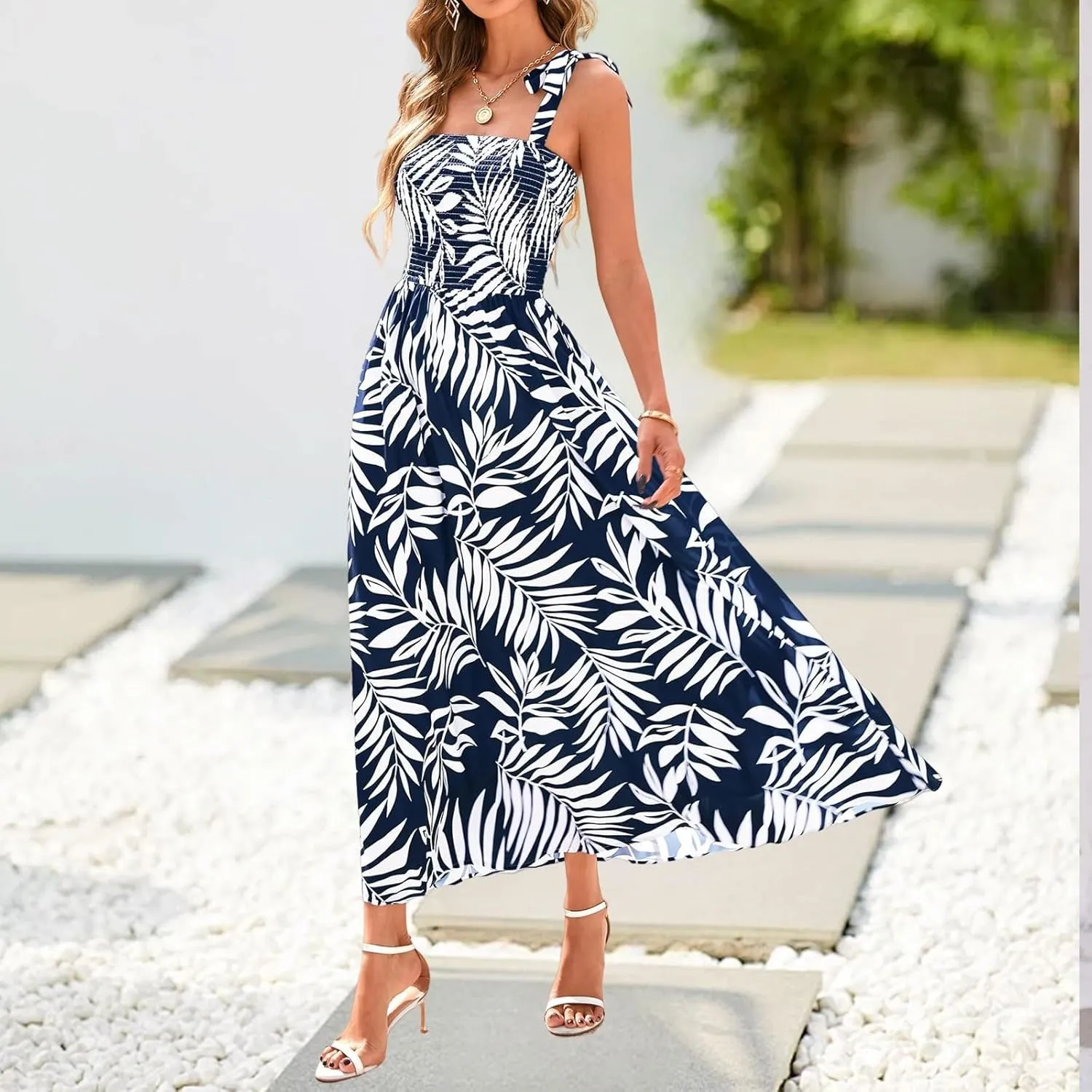 Summer Sun Dresses for Women 2025 Tie Shoulder Floral Maxi Dress A Line Ruffle Smocked Empire Waist Dress with Pocket