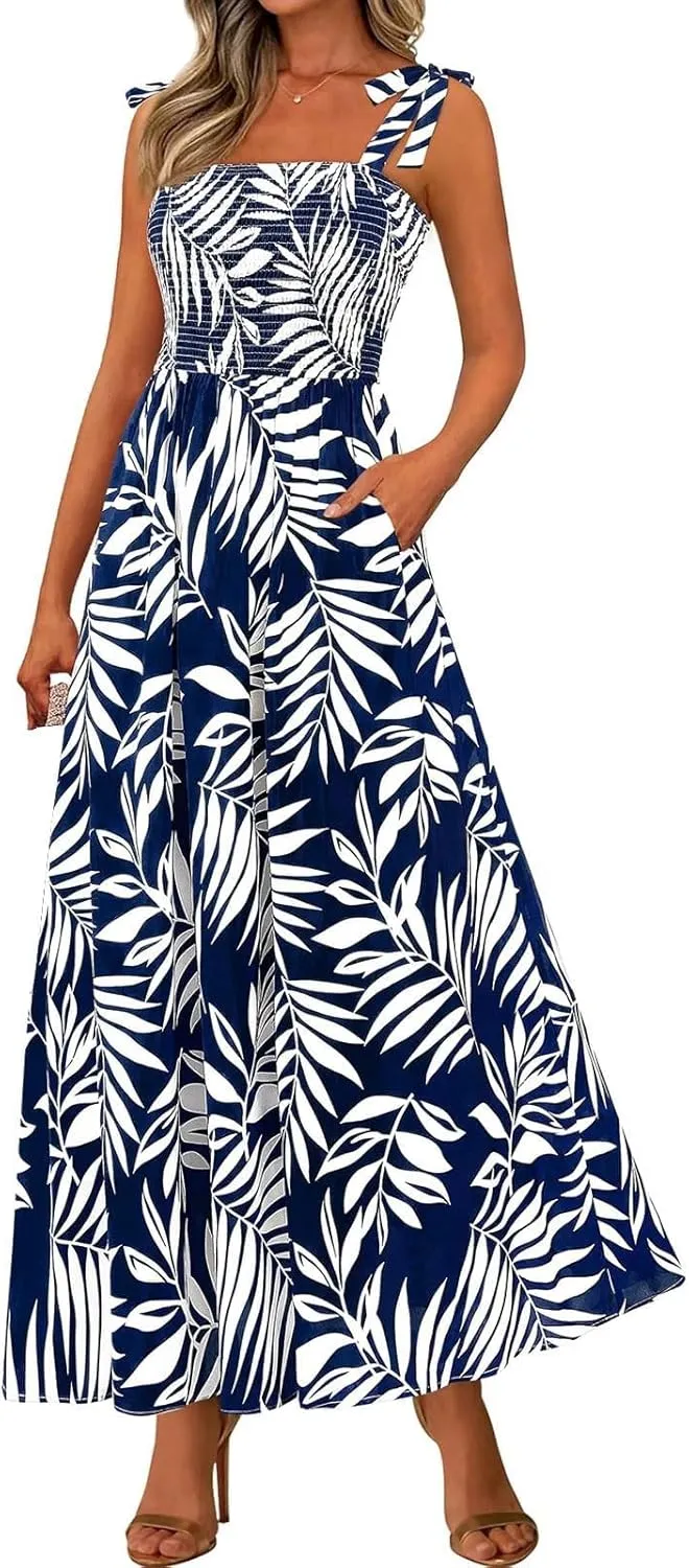 Summer Sun Dresses for Women 2025 Tie Shoulder Floral Maxi Dress A Line Ruffle Smocked Empire Waist Dress with Pocket