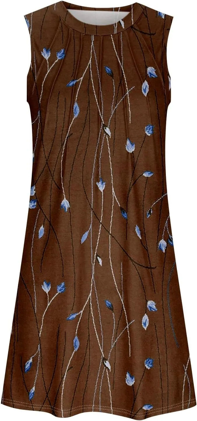 Sun Dresses for Women 2025 Vacation Summer Midi Tropical Sleeveless Dress U Neck Flowy Tank Flowy Going Out Dresses