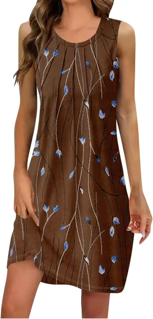 Sun Dresses for Women 2025 Vacation Summer Midi Tropical Sleeveless Dress U Neck Flowy Tank Flowy Going Out Dresses