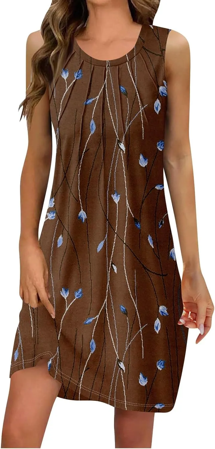 Sun Dresses for Women 2025 Vacation Summer Midi Tropical Sleeveless Dress U Neck Flowy Tank Flowy Going Out Dresses