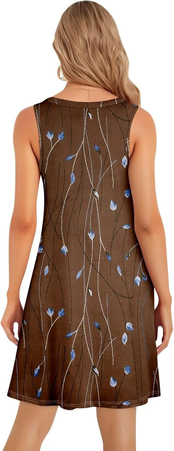 Sun Dresses for Women 2025 Vacation Summer Midi Tropical Sleeveless Dress U Neck Flowy Tank Flowy Going Out Dresses