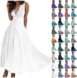 Sundresses for Women Summer Elegant Wrap V Neck Sleeveless Maxi Dress Fancy Floral Printed Flowy Hem Boho Dress