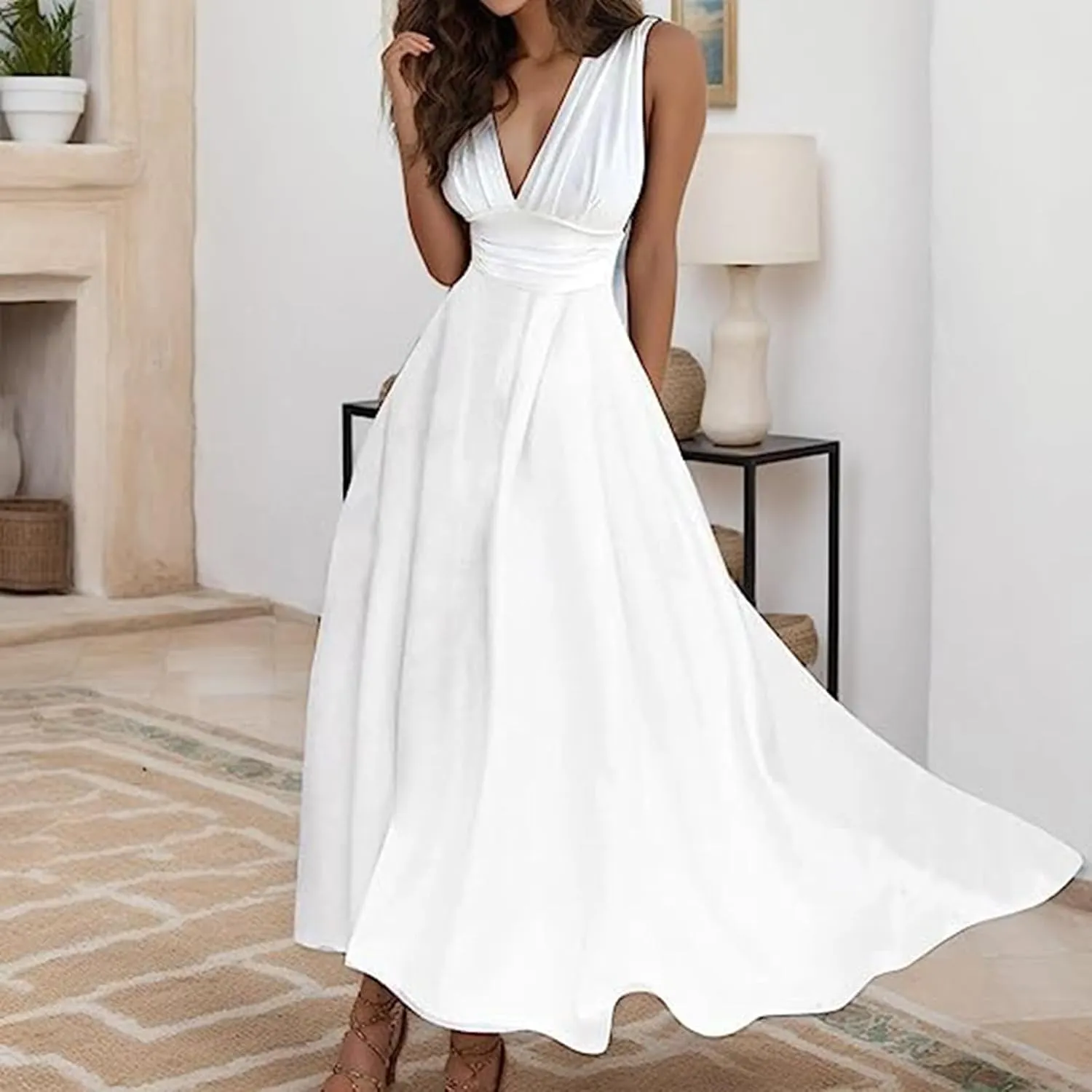 Sundresses for Women Summer Elegant Wrap V Neck Sleeveless Maxi Dress Fancy Floral Printed Flowy Hem Boho Dress