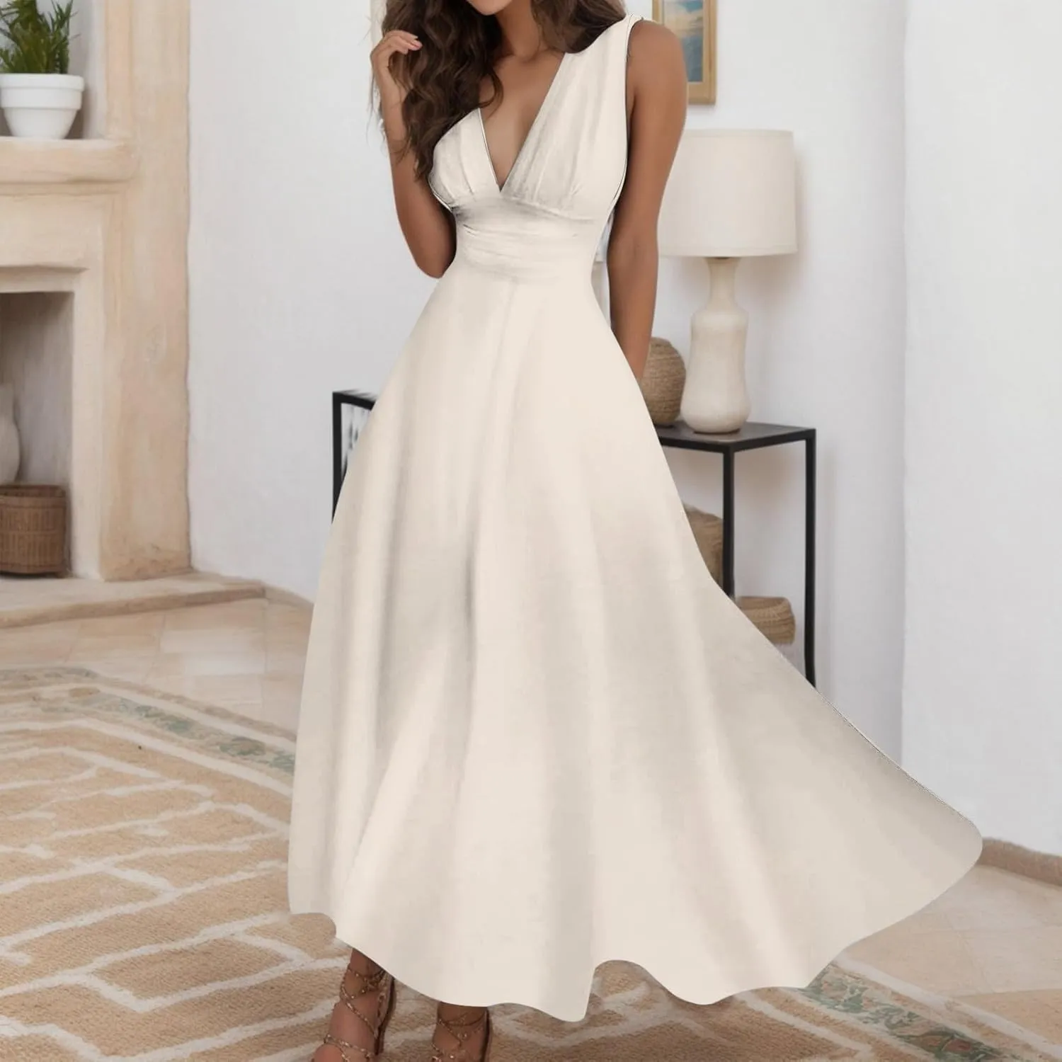 Sundresses for Women,2025 Summer Sleeveless Tank Long Dress Floral V Neck Maxi Dress Plus Size Flowy Midi Dresses