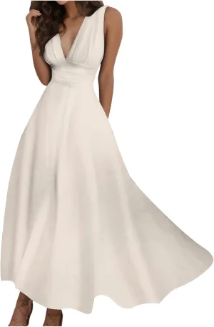 Sundresses for Women,2025 Summer Sleeveless Tank Long Dress Floral V Neck Maxi Dress Plus Size Flowy Midi Dresses