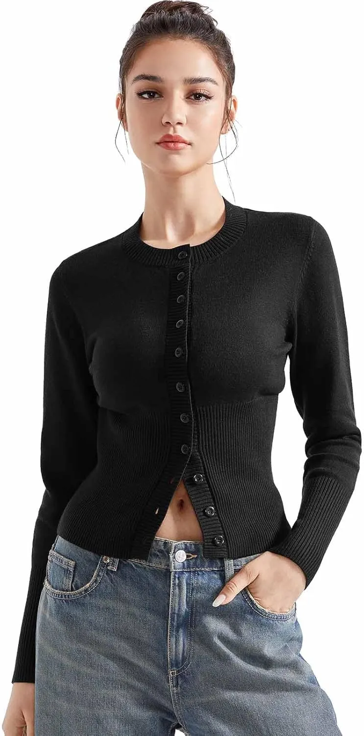 SUUKSESS Women Button Down Cardigan Crew Neck Sweaters Ribbed Knitted Slim Fit Tops