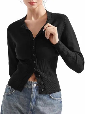 SUUKSESS Women Button Down Cardigan Crew Neck Sweaters Ribbed Knitted Slim Fit Tops