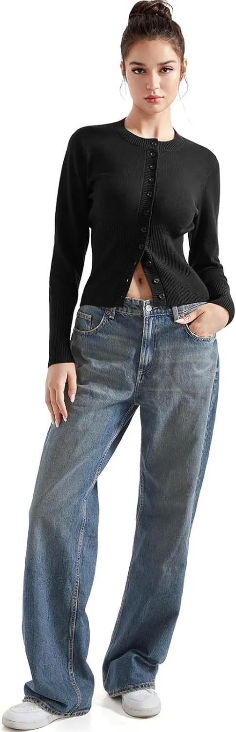 SUUKSESS Women Button Down Cardigan Crew Neck Sweaters Ribbed Knitted Slim Fit Tops