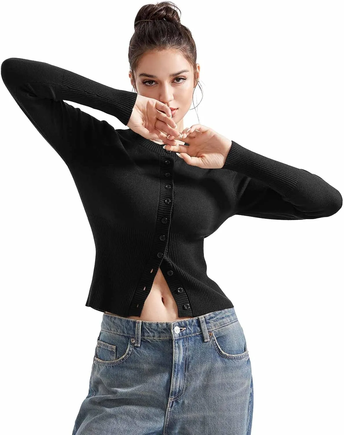 SUUKSESS Women Button Down Cardigan Crew Neck Sweaters Ribbed Knitted Slim Fit Tops