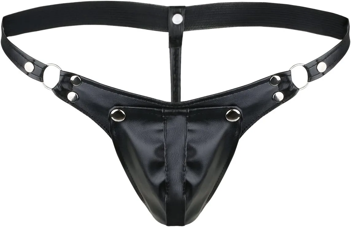 Sxiwei Men's Patent Leather Thongs Underwear Open Pouch Panties Low Rise Briefs Backless Jockstraps
