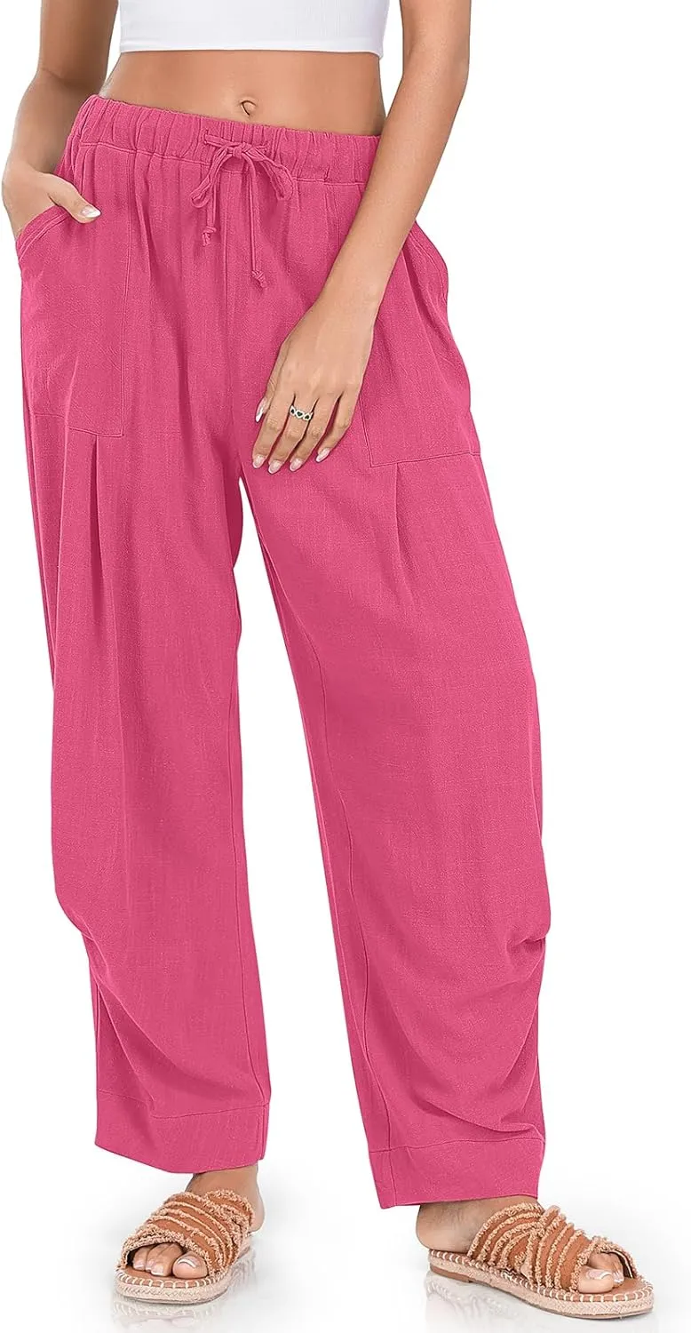 TARSE Women Linen Baggy Harem Pants Summer Drawstring Casual Lounge Pant 2024 Beach Travel Vacation Clothes with Pockets