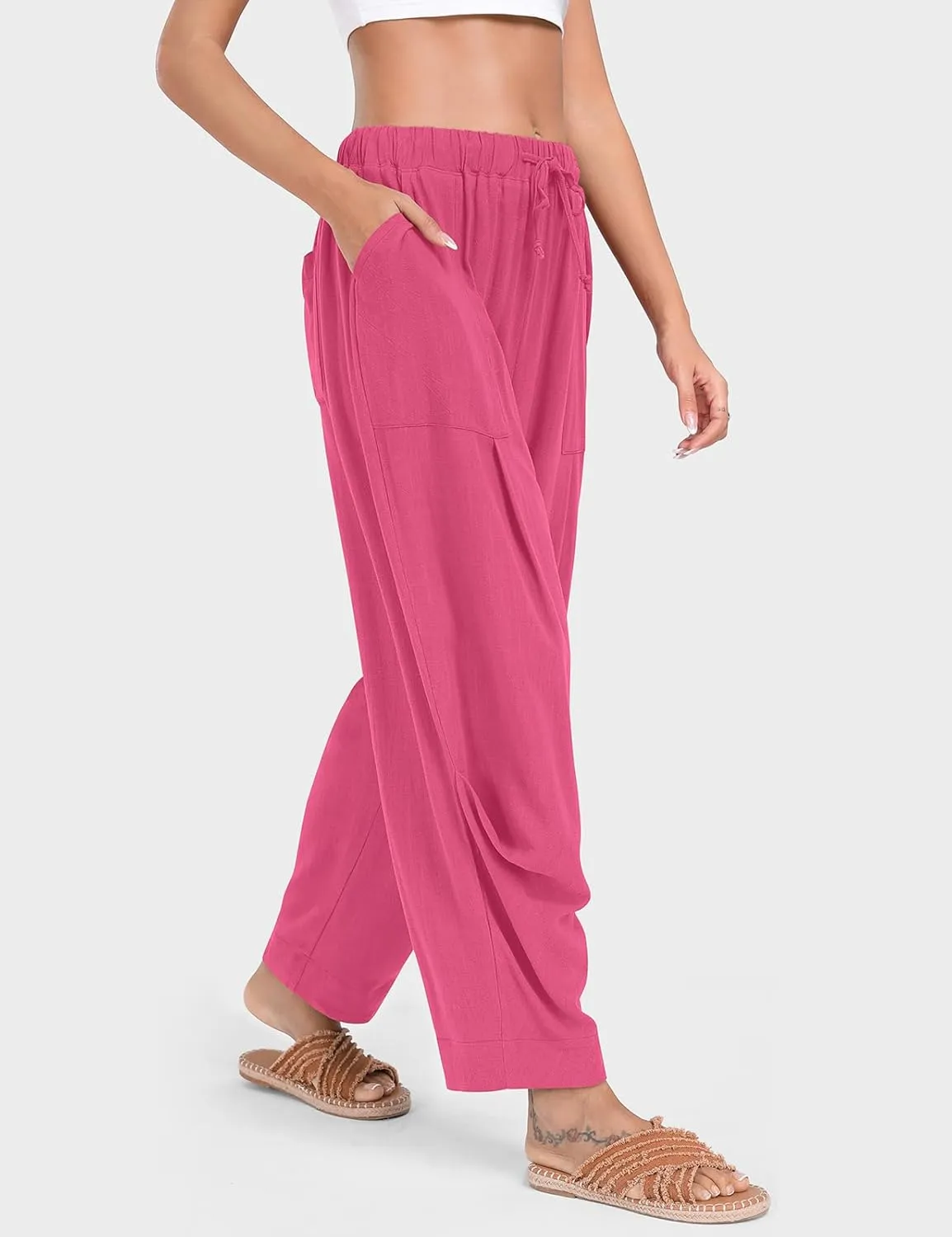 TARSE Women Linen Baggy Harem Pants Summer Drawstring Casual Lounge Pant 2024 Beach Travel Vacation Clothes with Pockets