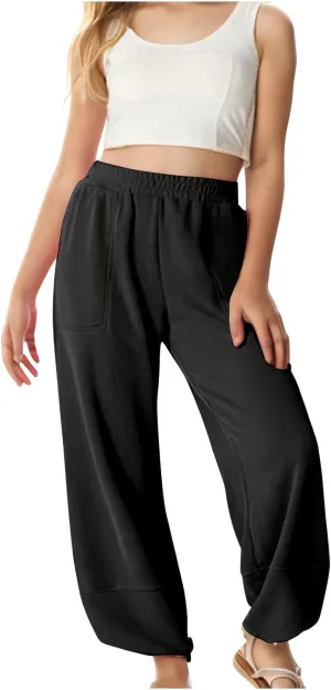 Teen Girls Palazzo Pants Summer Casual Cotton Linen Trousers Kids Lightweight Elastic Waist Solid Color Wide Leg Pant
