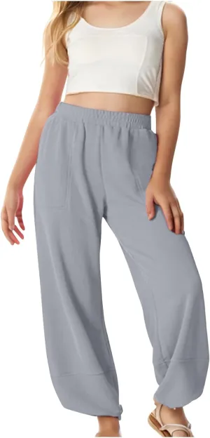 Teen Girls Palazzo Pants Summer Casual Cotton Linen Trousers Kids Lightweight Elastic Waist Solid Color Wide Leg Pant
