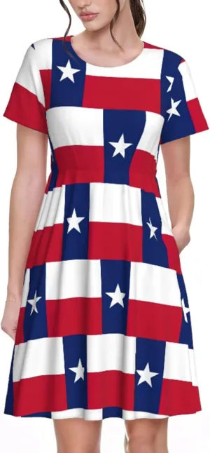 Texas State Flag Womens Summer Dress Casual Swing Short Sleeve Sundresses Beach A-Line Shift Dress with Pockets