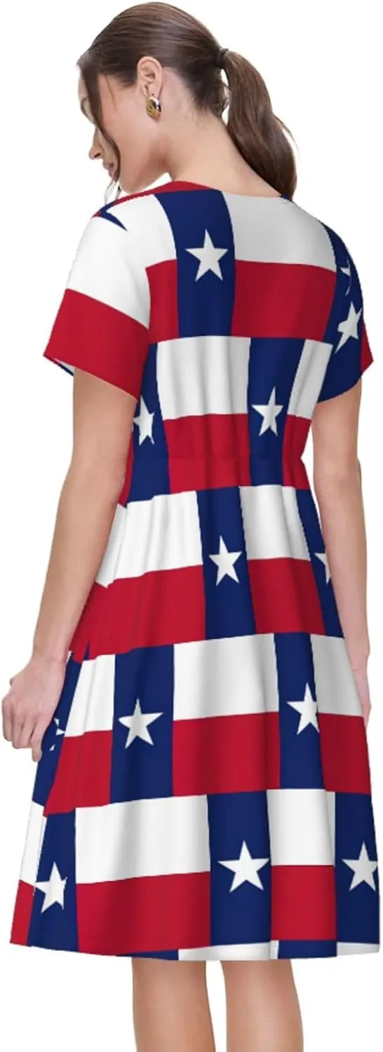 Texas State Flag Womens Summer Dress Casual Swing Short Sleeve Sundresses Beach A-Line Shift Dress with Pockets