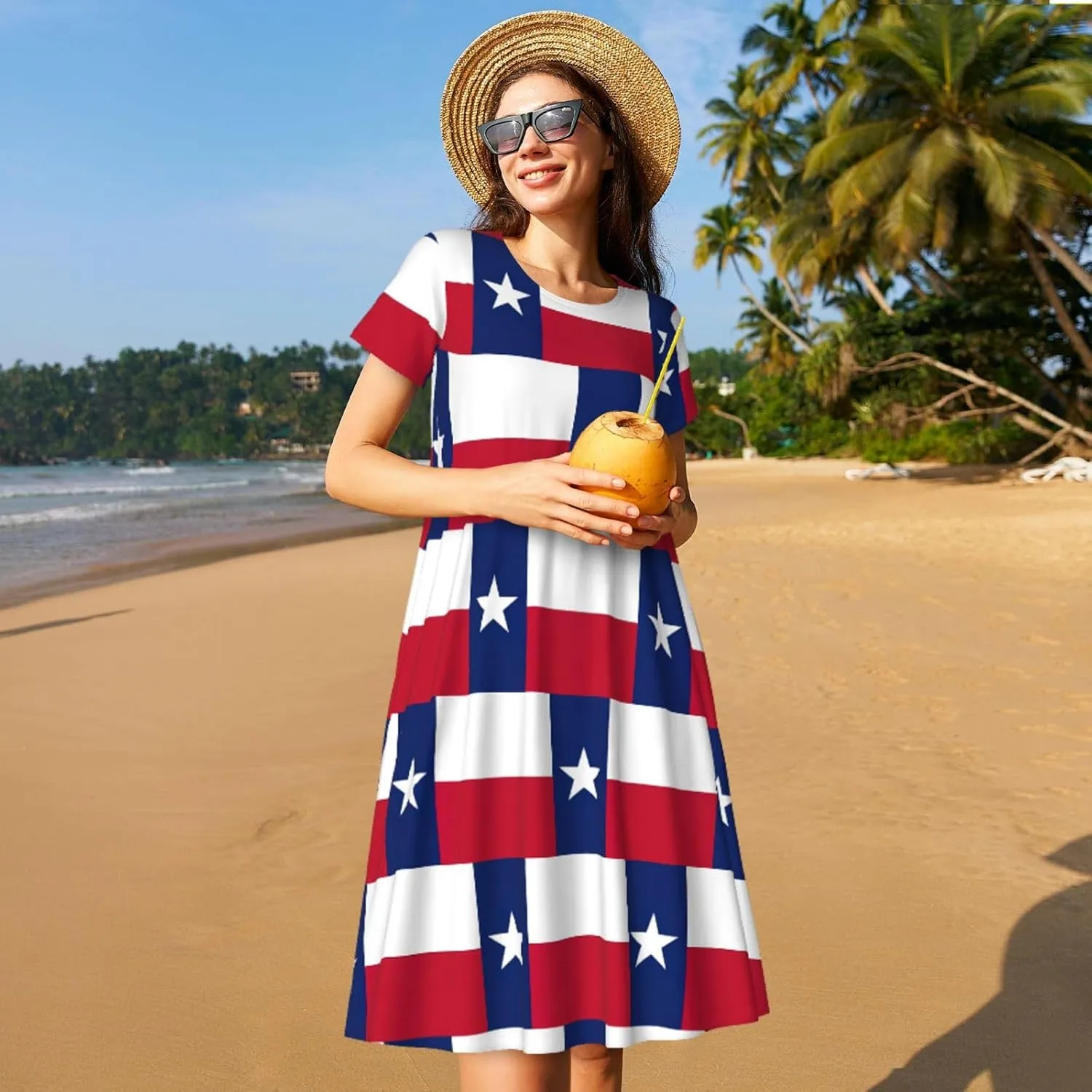 Texas State Flag Womens Summer Dress Casual Swing Short Sleeve Sundresses Beach A-Line Shift Dress with Pockets