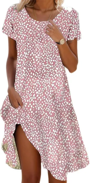 TIAFORD Women's Boho Floral Print Short Sleeve Dress Casual Summer Flowy A Line Swing Beach Vacation Midi Dresses