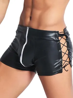 TiaoBug Mens Wetlook Leather Boxer Briefs Low Waist Bulge Pouch Underpants Side Lace-up Hot Pants