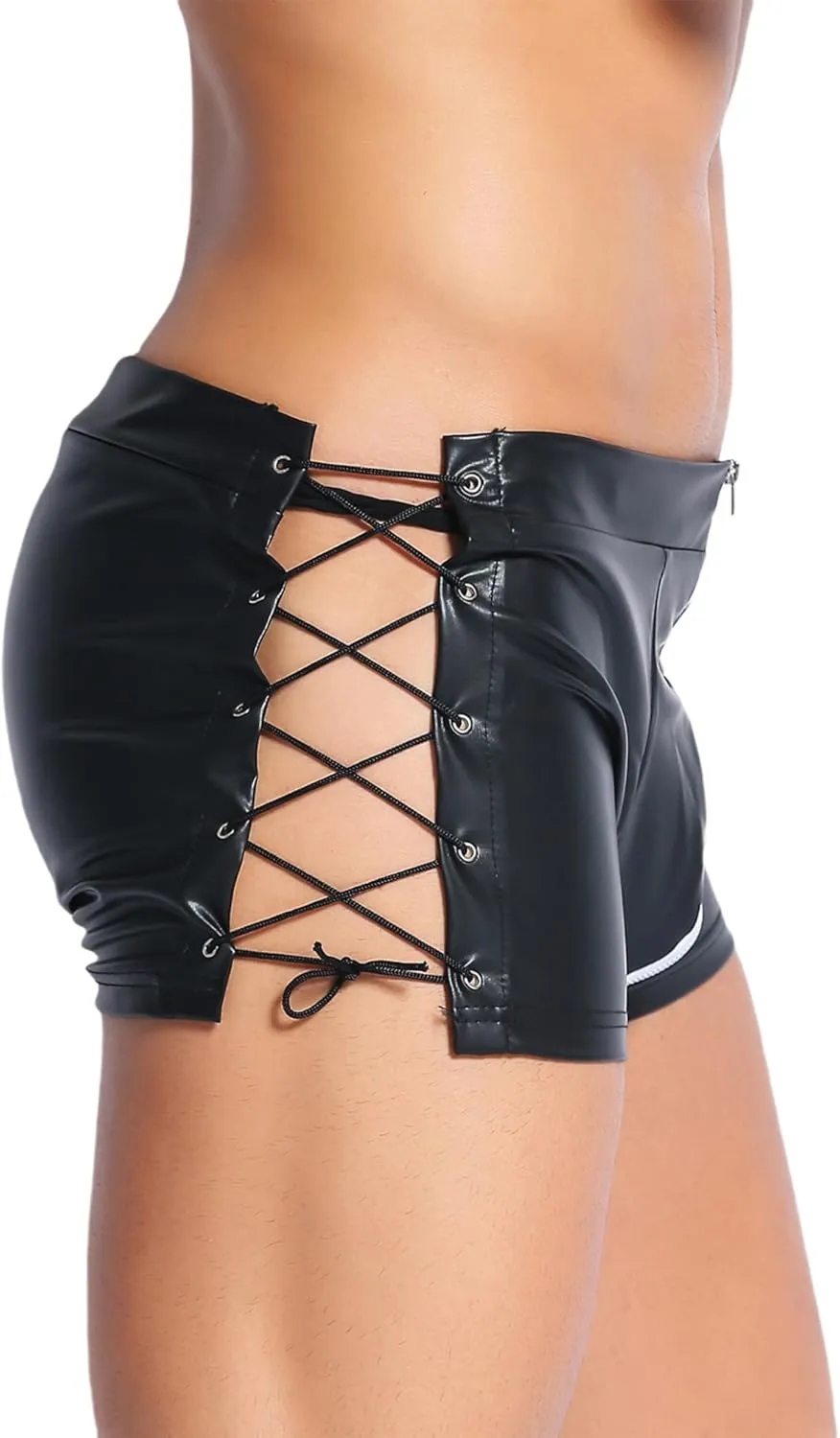 TiaoBug Mens Wetlook Leather Boxer Briefs Low Waist Bulge Pouch Underpants Side Lace-up Hot Pants