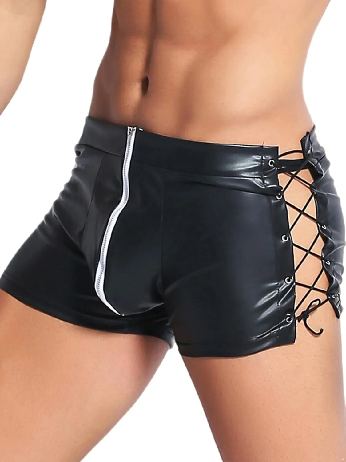 TiaoBug Mens Wetlook Leather Boxer Briefs Low Waist Bulge Pouch Underpants Side Lace-up Hot Pants