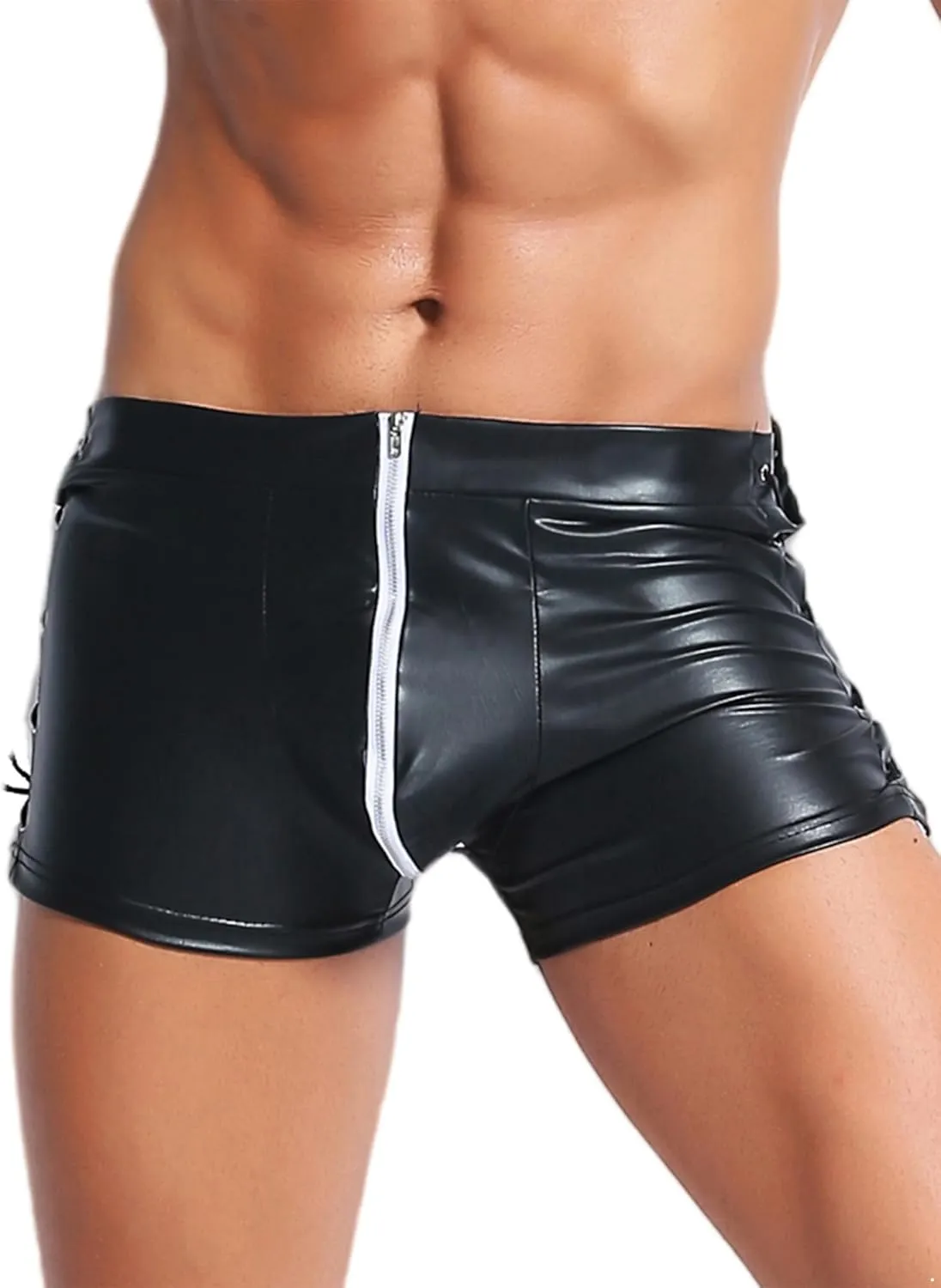 TiaoBug Mens Wetlook Leather Boxer Briefs Low Waist Bulge Pouch Underpants Side Lace-up Hot Pants